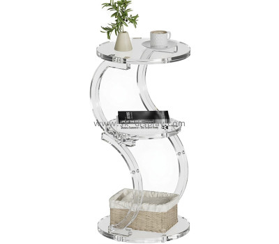 Custom S-shaped acrylic accent table with storage shelf AFS-740