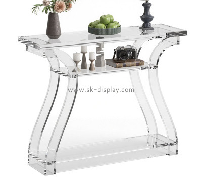 Custom acrylic console table with curved legs and shelf AFS-739