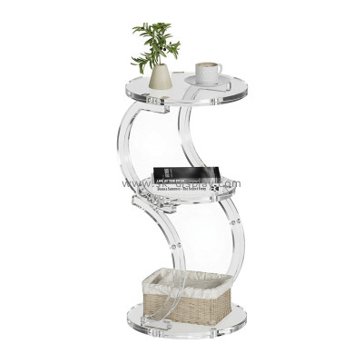 Custom S-shaped acrylic accent table with storage shelf AFS-740