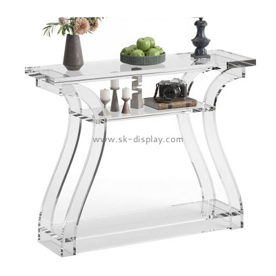 Custom acrylic console table with curved legs and shelf AFS-739